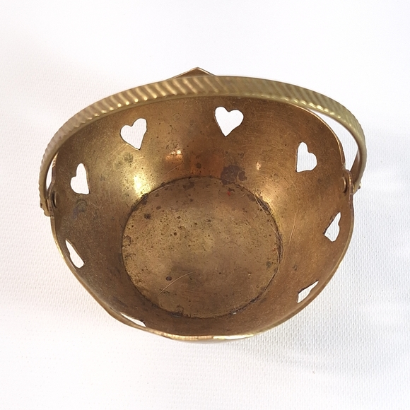 Vintage Indian Brass Basket with Heart Cutouts and Hinged Handle - Picture 5 of 8
